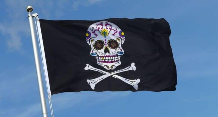 ¿Busca una bandera pirata original- La bandera de la calavera mexicana es para ti. Una decoración excepcional, mezcla de Jolly Roger y calavera, ofrece una atmósfera de piratería y México